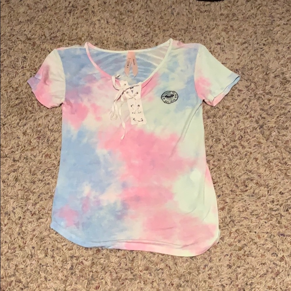 tie dye shirt with a shoelace front style shirt